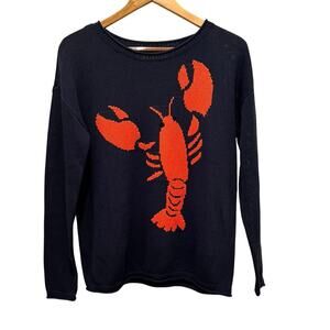 LOFT Lobster Top Light Sweater Medium Blue Red Preppy Resort Nautical Fisherman